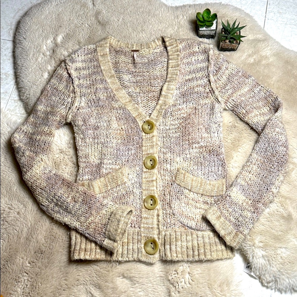 Free People Cardigan Sweater Chunky Knit Button Front Neutral Boho XS